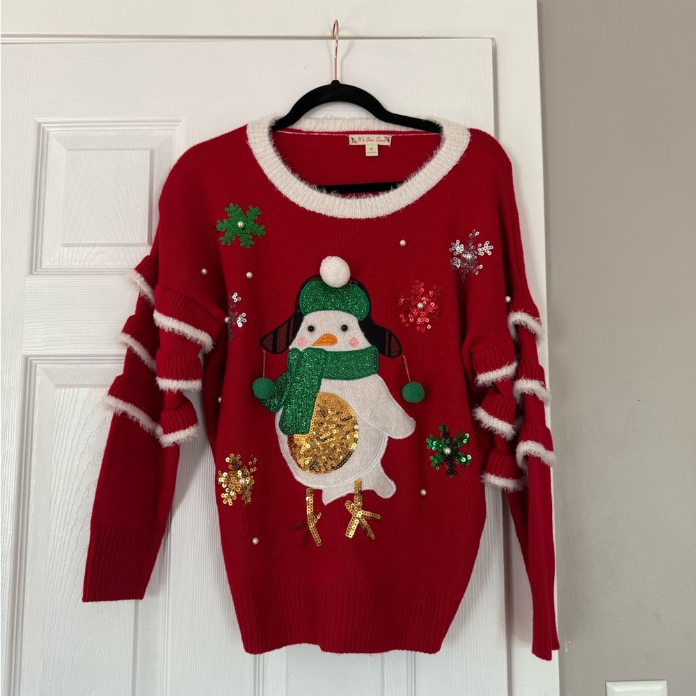 Christmas Penguin Ugly Sweater 3D Ornaments Cute Red Holidays Snow